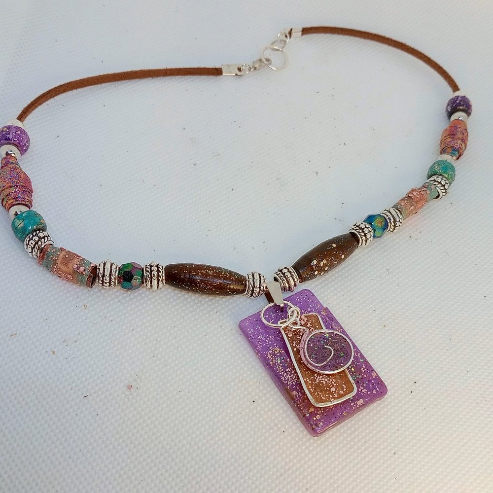 Hand painted and hand glazed boho necklace on vegan suede